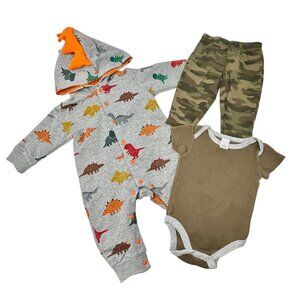 Size 6‎ Month - Grey Hooded Romper w/ Dinosaurs, Camo Pants, Green Bodysuit